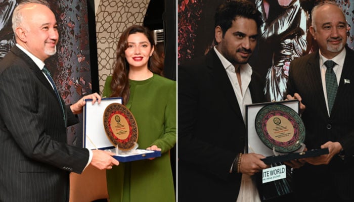 ماہرہ خان اور ہمایوں سعید کو دبئی میں اعزازی شیلڈز سے نوازا گیا